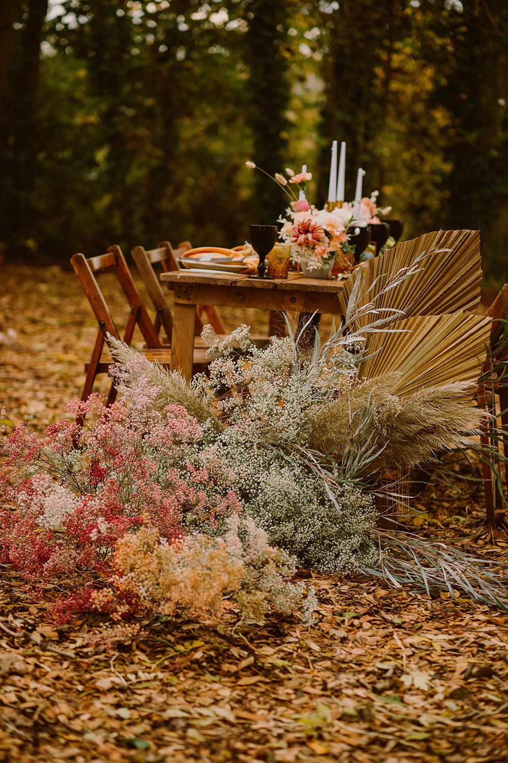 Flower Arrangement Flowers Palms Pampas Grass Gyp Gypsophila Outdoor Autumn Wedding Ruby Walker Photography