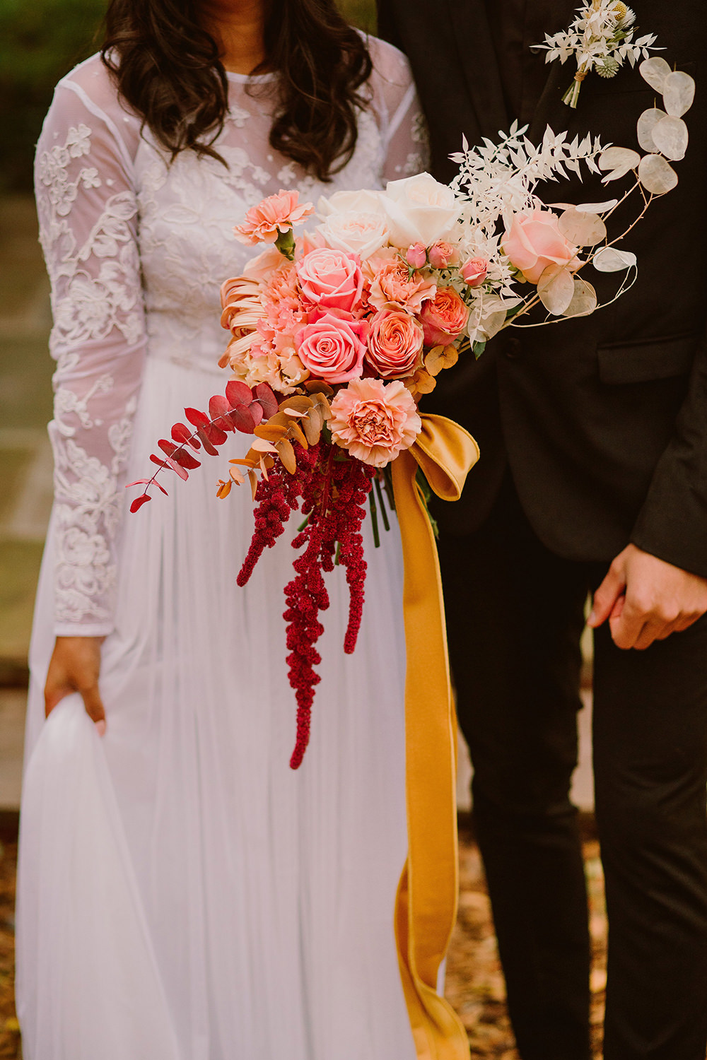 Bouquet Flowers Bride Bridal Amaranthus Burgundy Pink Rose Mustard Ribbon Outdoor Autumn Wedding Ruby Walker Photography