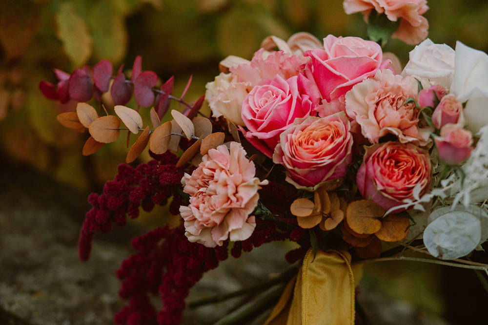 Bouquet Flowers Bride Bridal Amaranthus Burgundy Pink Rose Mustard Ribbon Outdoor Autumn Wedding Ruby Walker Photography