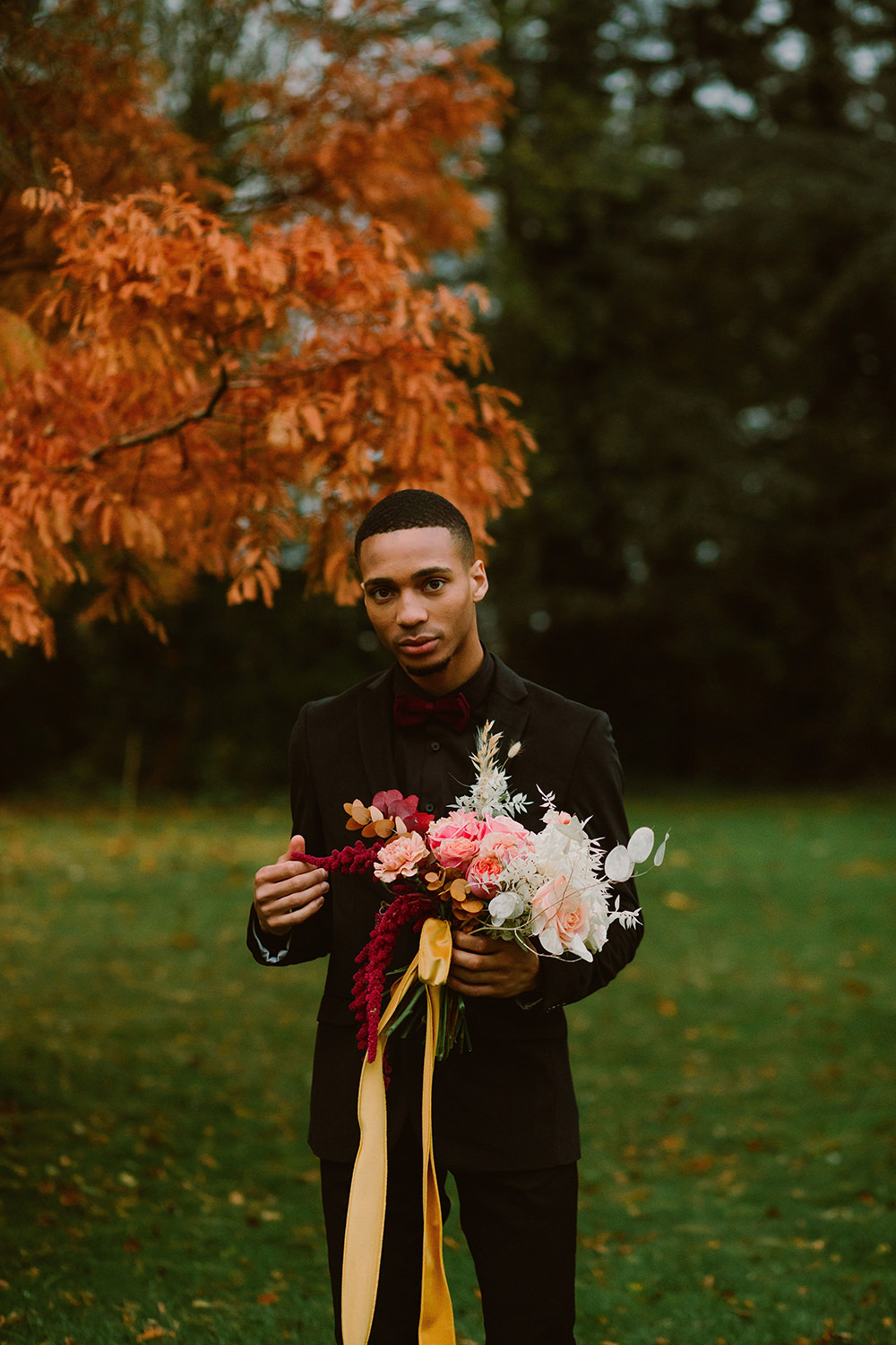 Bouquet Flowers Bride Bridal Amaranthus Burgundy Pink Rose Mustard Ribbon Outdoor Autumn Wedding Ruby Walker Photography
