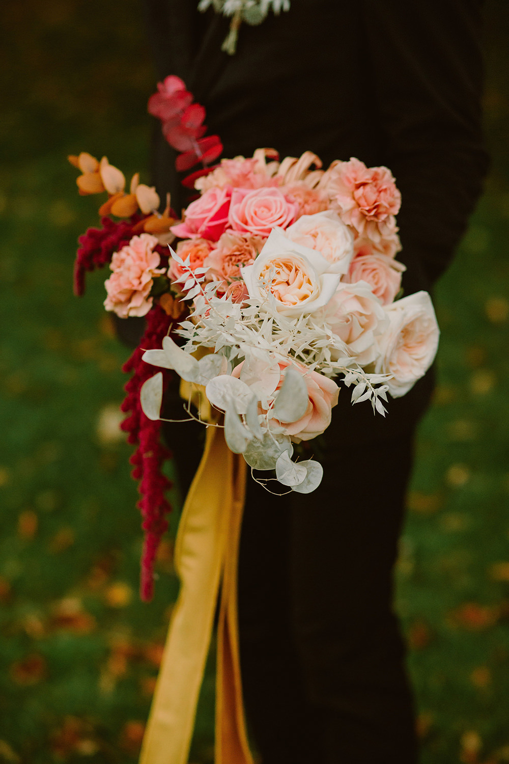 Bouquet Flowers Bride Bridal Amaranthus Burgundy Pink Rose Mustard Ribbon Outdoor Autumn Wedding Ruby Walker Photography