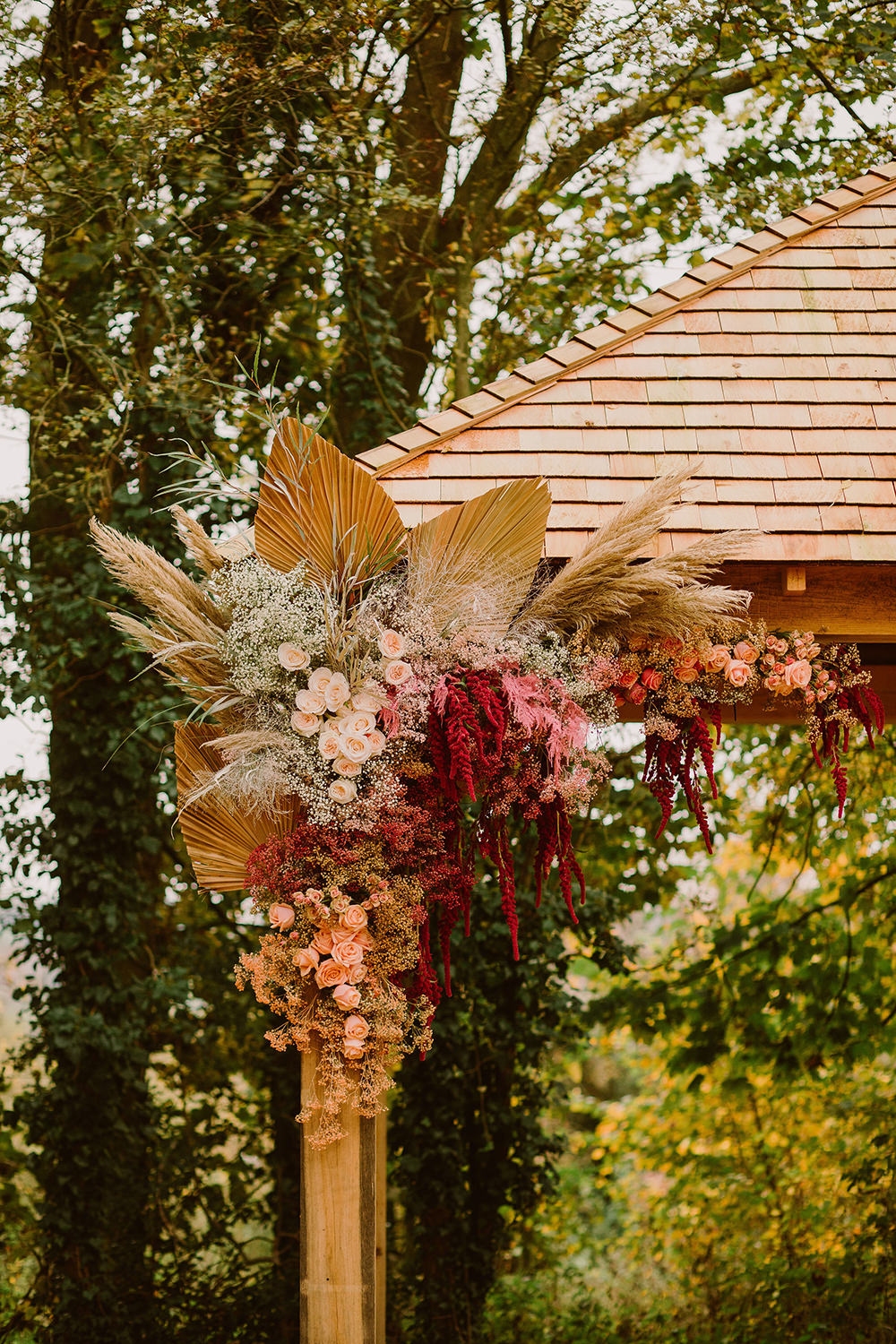 Flower Arrangement Flowers Ceremony Palms Pampas Grass Outdoor Autumn Wedding Ruby Walker Photography
