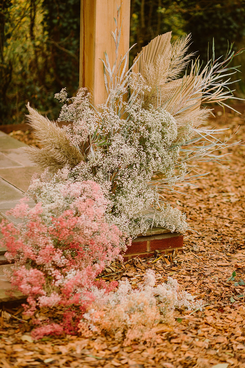 Flower Arrangement Flowers Ceremony Palms Pampas Grass Gyp Gypsophila Outdoor Autumn Wedding Ruby Walker Photography