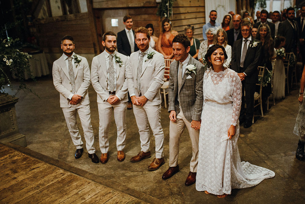 Groom Groomsmen Suit Linen Grey Check Tie Preston Priory Barn Wedding Leah Lombardi Photography