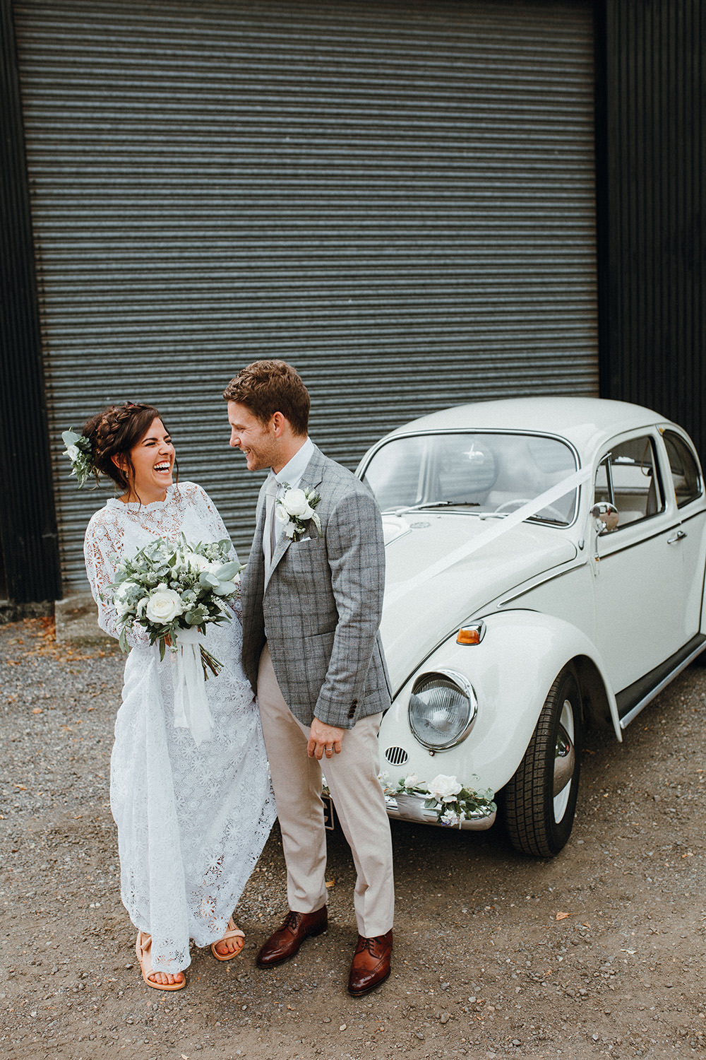 VW Beetle Car Transport Preston Priory Barn Wedding Leah Lombardi Photography