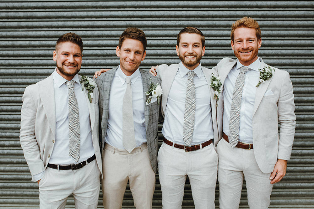 Groom Groomsmen Suit Linen Grey Check Tie Preston Priory Barn Wedding Leah Lombardi Photography