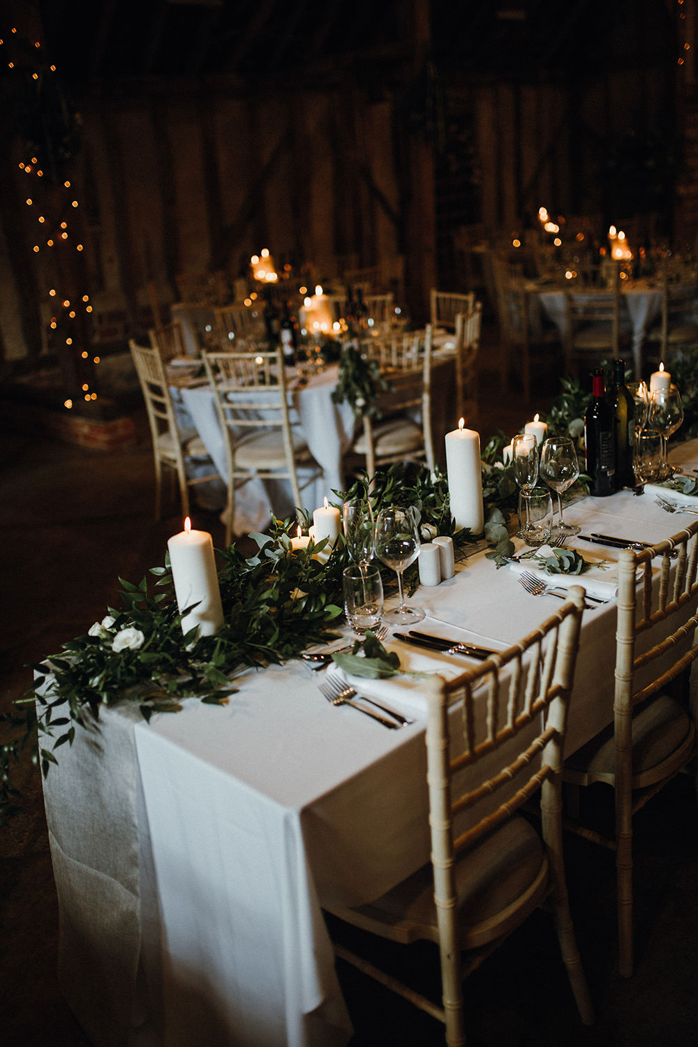 Long Tables Greenery Candles Top Table Preston Priory Barn Wedding Leah Lombardi Photography