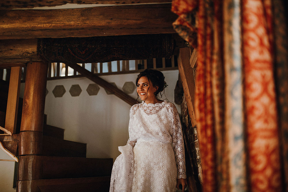 Dress Gown Bride Bridal Lace Sleeves Boho Bohemian Preston Priory Barn Wedding Leah Lombardi Photography