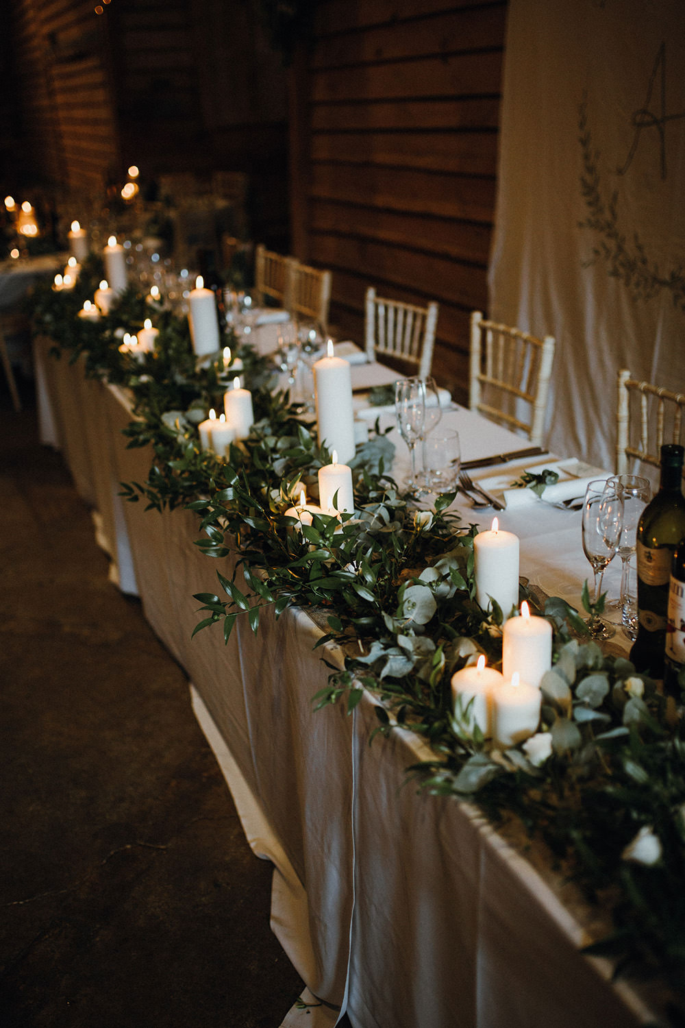 Long Tables Greenery Candles Top Table Preston Priory Barn Wedding Leah Lombardi Photography