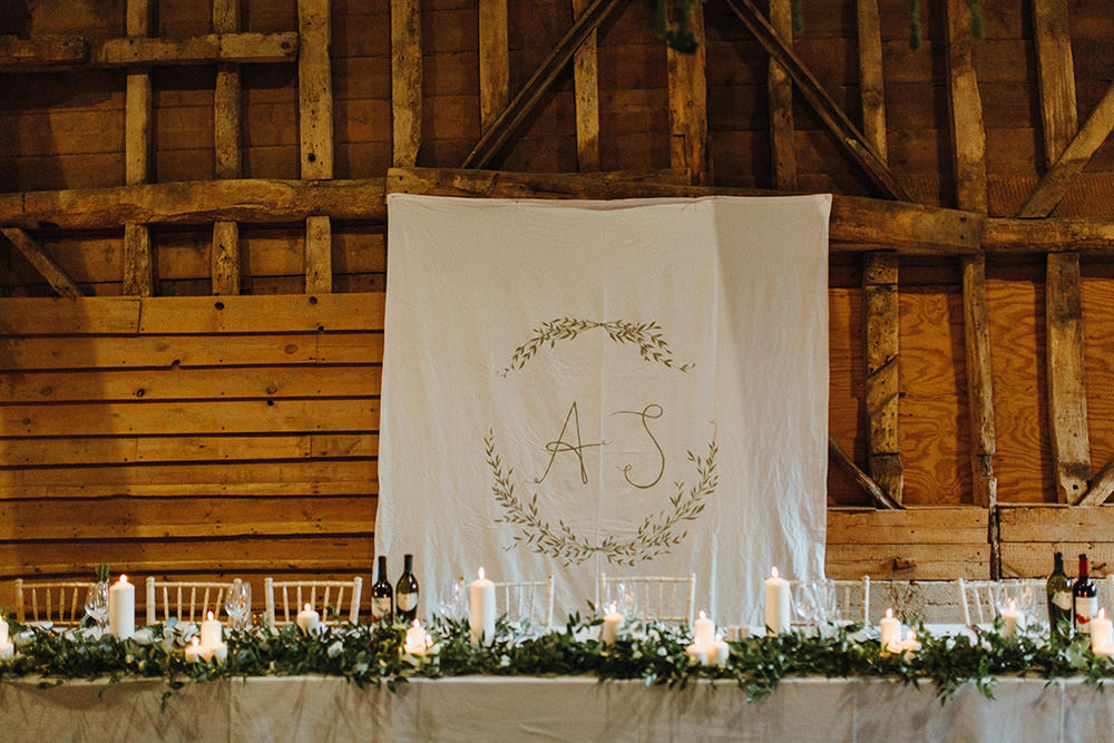 Long Tables Greenery Candles Top Table Banner Backdrop Preston Priory Barn Wedding Leah Lombardi Photography