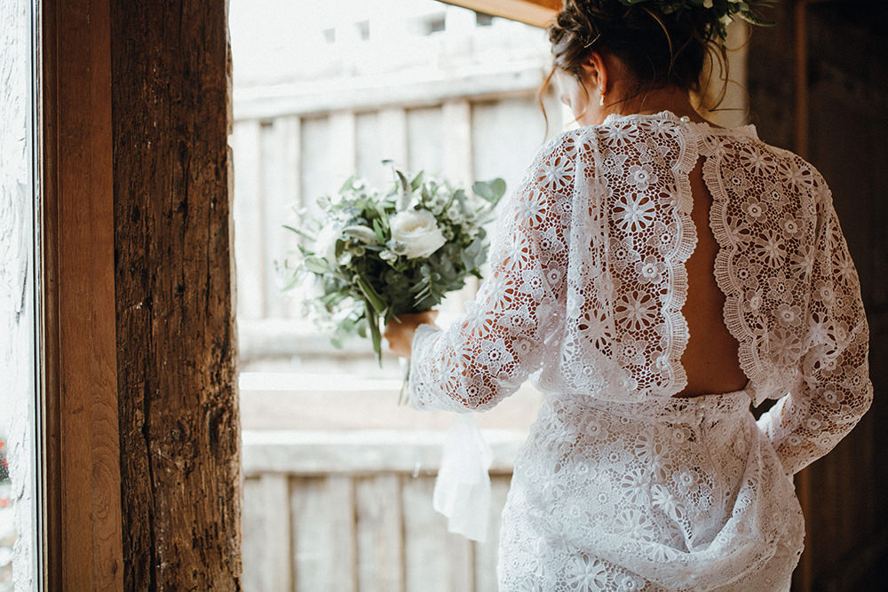 Dress Gown Bride Bridal Lace Sleeves Boho Bohemian Preston Priory Barn Wedding Leah Lombardi Photography