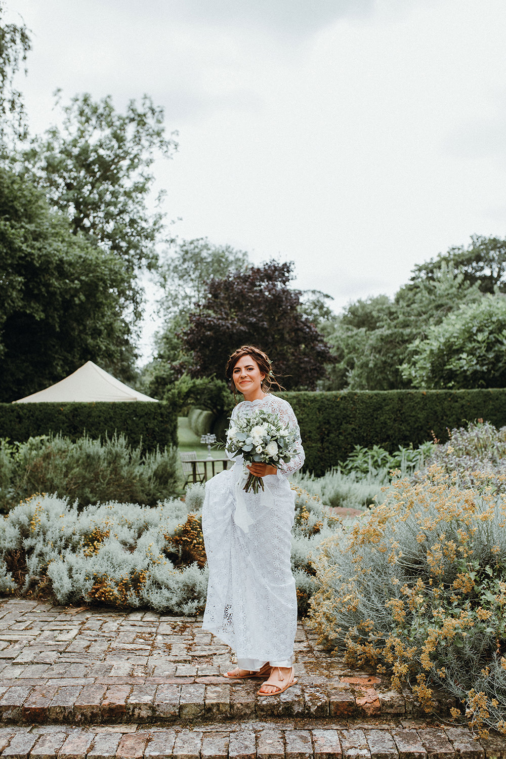 Dress Gown Bride Bridal Lace Sleeves Boho Bohemian Preston Priory Barn Wedding Leah Lombardi Photography