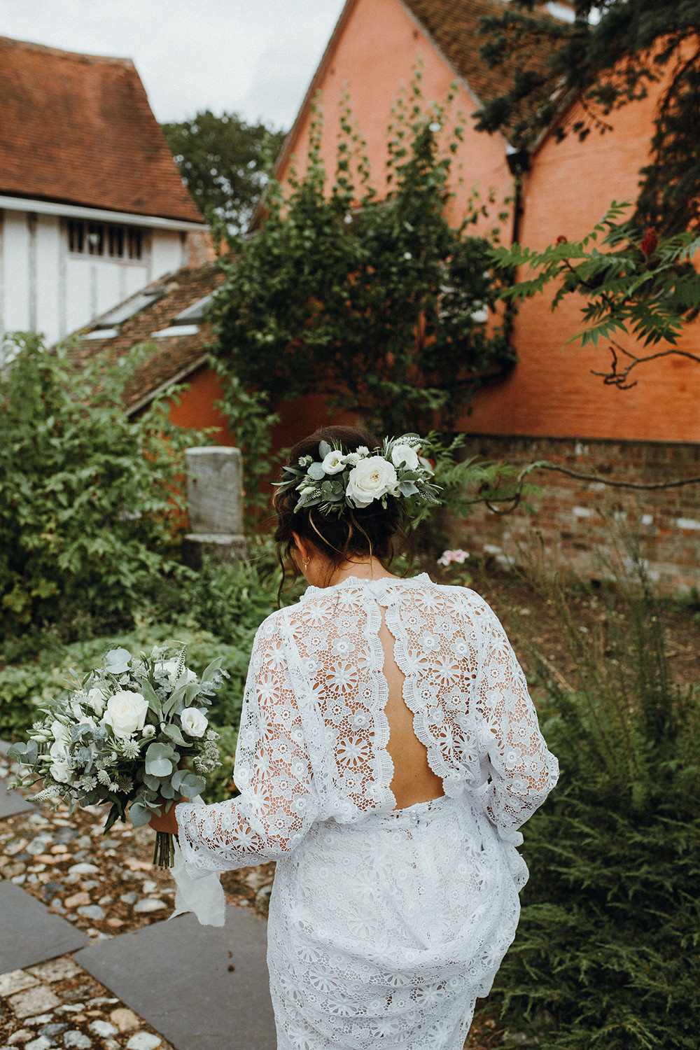Dress Gown Bride Bridal Lace Sleeves Boho Bohemian Preston Priory Barn Wedding Leah Lombardi Photography