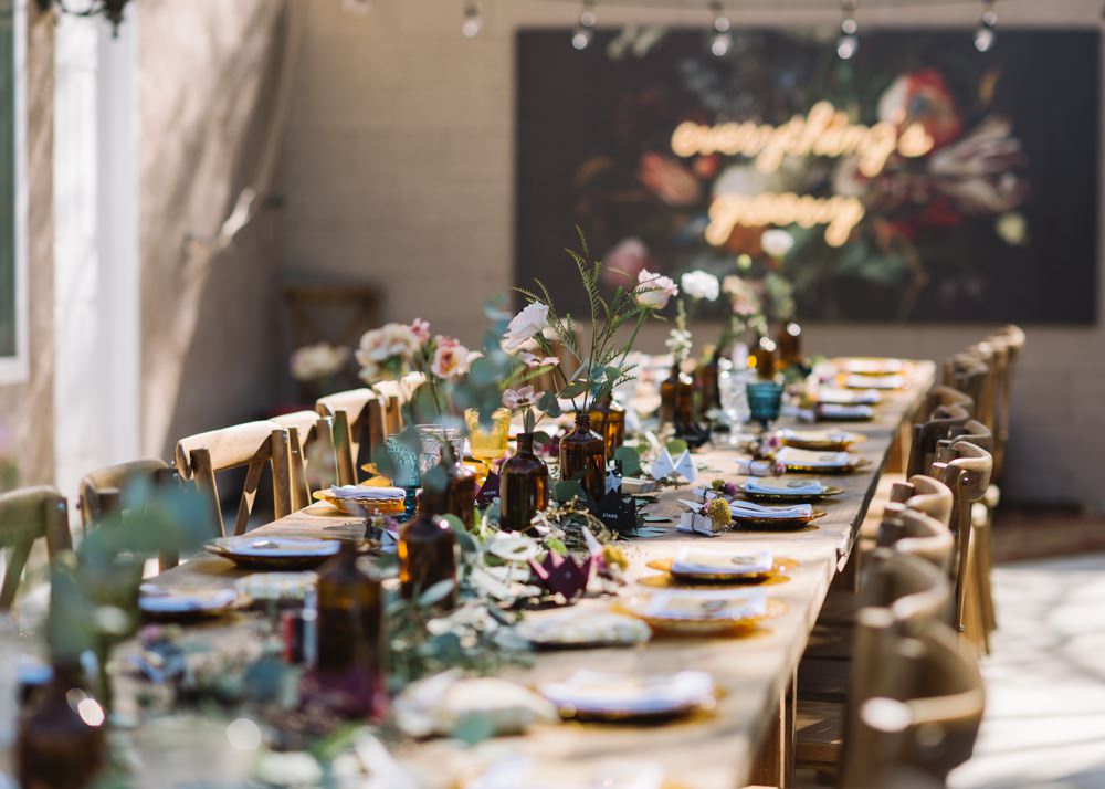 Long Table Decor Flowers Backdrop Neon Light Socal Wedding Mark Mirocha Photography