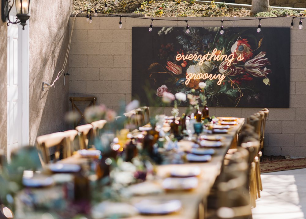 Long Table Decor Flowers Backdrop Neon Light Socal Wedding Mark Mirocha Photography