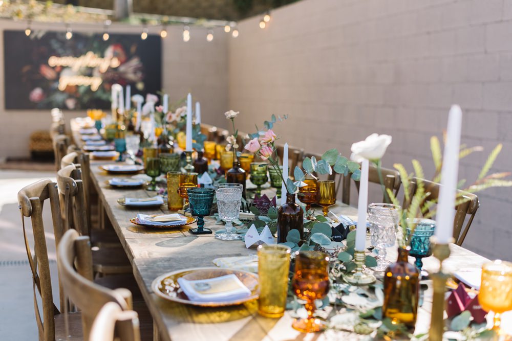 Long Table Decor Flowers Backdrop Neon Light Socal Wedding Mark Mirocha Photography