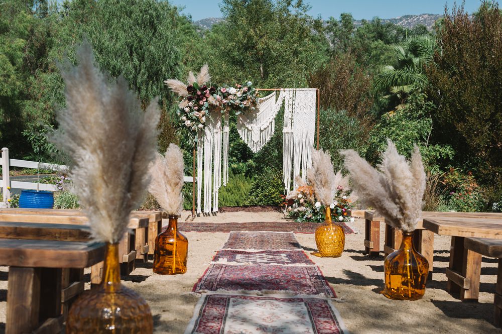 Ceremony Aisle Backdrop Macrame Flowers Pampas Grass Rugs Socal Wedding Mark Mirocha Photography