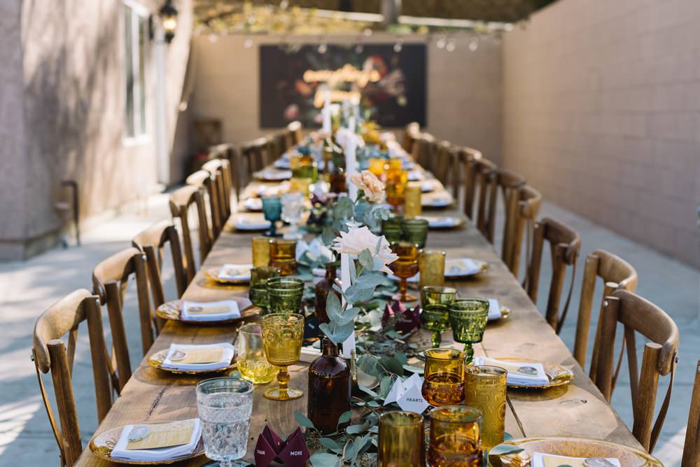 Long Table Decor Flowers Backdrop Neon Light Socal Wedding Mark Mirocha Photography