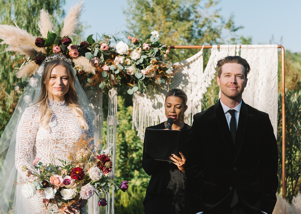Ceremony Aisle Backdrop Macrame Flowers Pampas Grass Rugs Socal Wedding Mark Mirocha Photography
