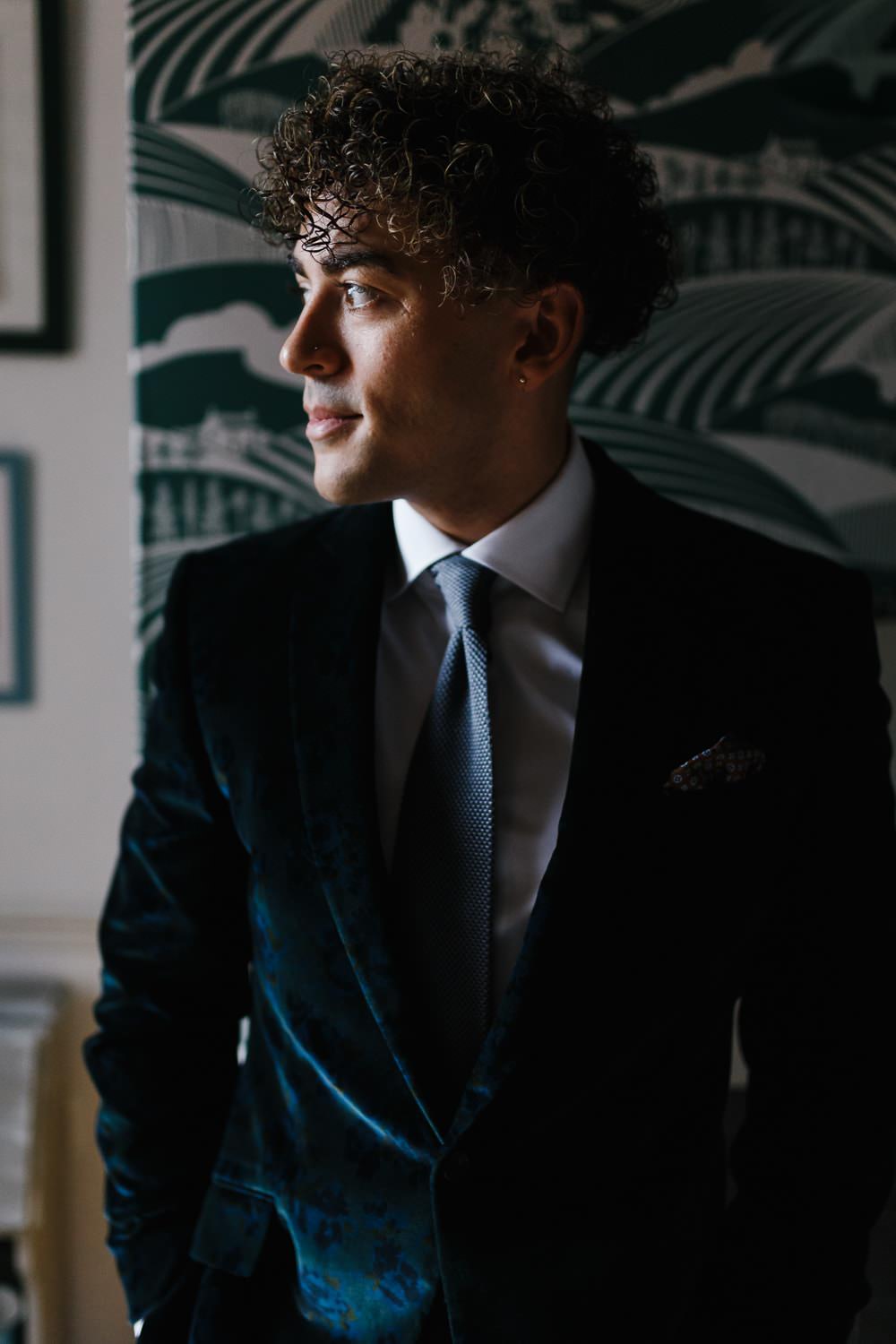 Groom Suit Green Velvet Jacket Knitted Tie Village Hall Wedding Emily + Katy Photography