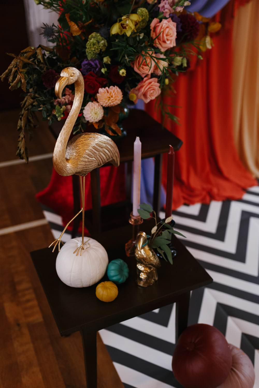 Decor Flowers Flamingo Candles Village Hall Wedding Emily + Katy Photography