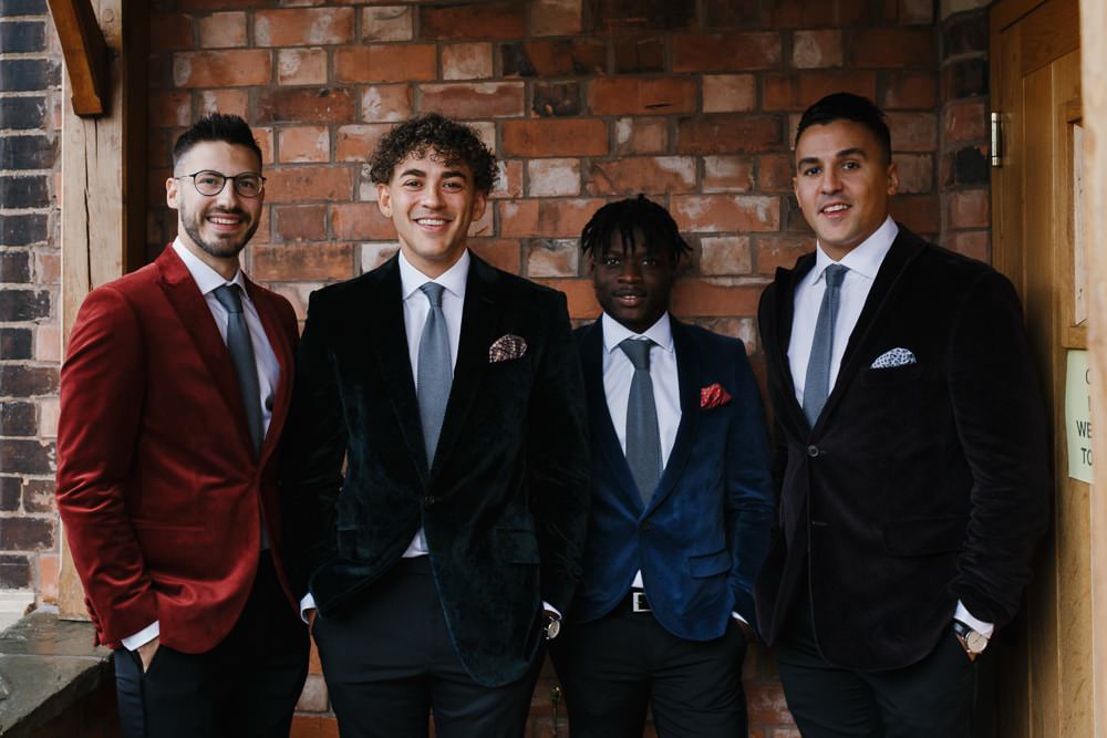 Groom Suit Green Velvet Jacket Knitted Tie Groomsmen Village Hall Wedding Emily + Katy Photography