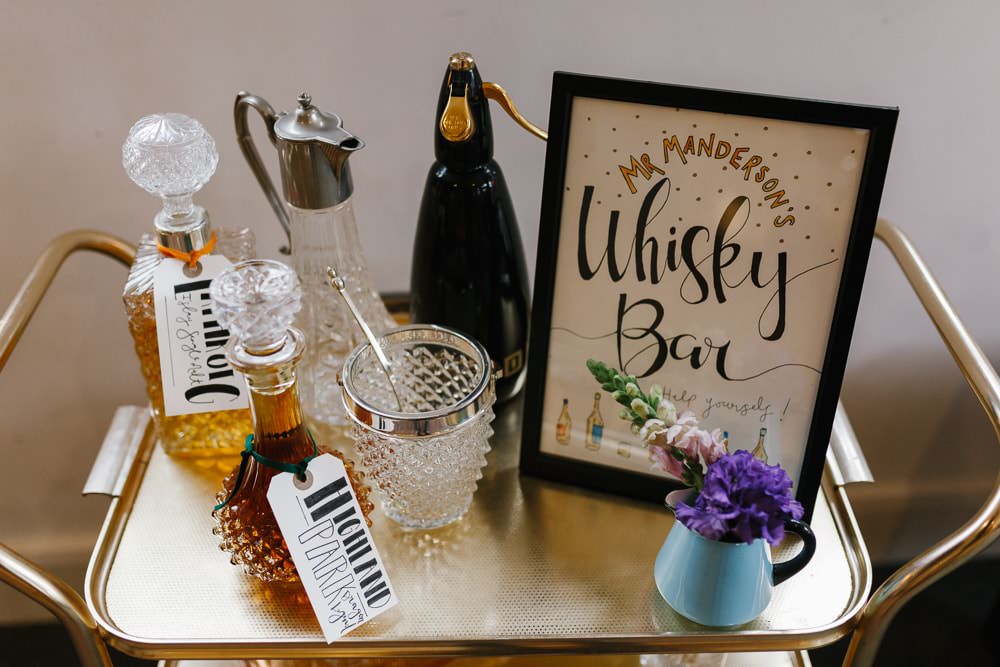 Whiskey Bar Drinks Village Hall Wedding Emily + Katy Photography