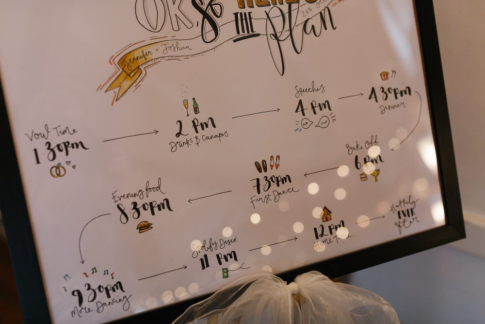 Order of the Day Sign Signs Illustrated Village Hall Wedding Emily + Katy Photography
