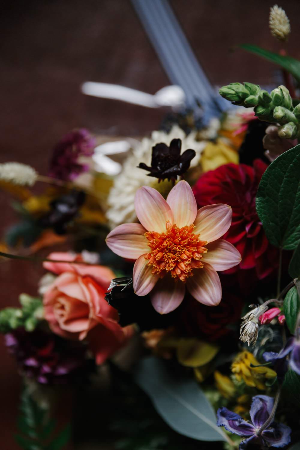 Bouquet Flowers Bride Bridal Coral Rose Dahlia Village Hall Wedding Emily + Katy Photography