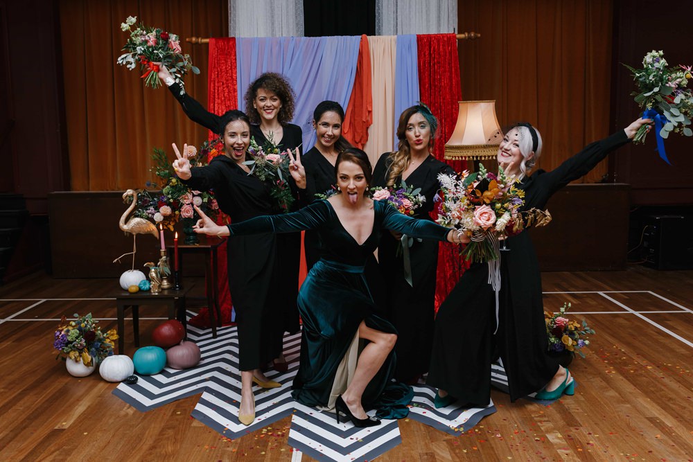 Bridesmaids Bridesmaid Black Jumpsuits Village Hall Wedding Emily + Katy Photography