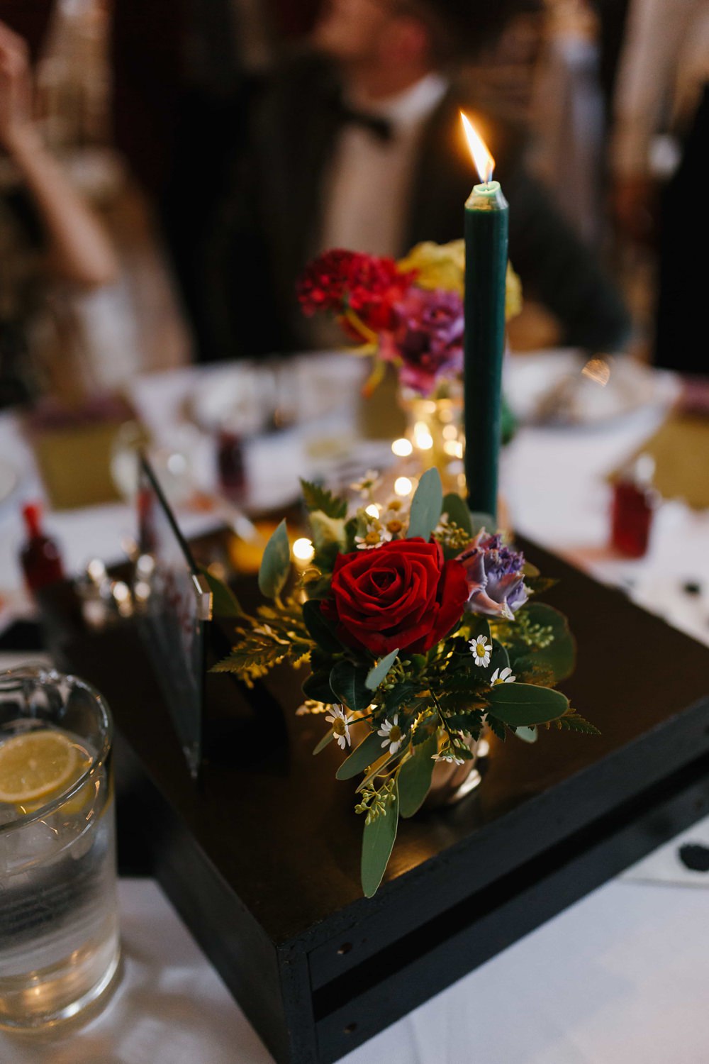 Centrepiece Decor Candles Flowers Village Hall Wedding Emily + Katy Photography