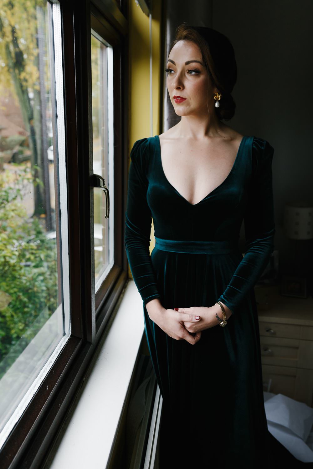Dress Gown Bride Bridal Green Velvet Long Sleeves Kula Tsurdiu Village Hall Wedding Emily + Katy Photography