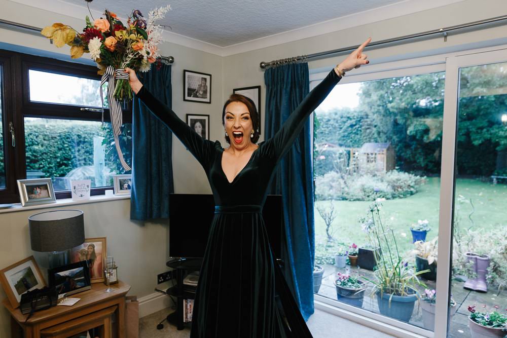 Dress Gown Bride Bridal Green Velvet Long Sleeves Kula Tsurdiu Village Hall Wedding Emily + Katy Photography