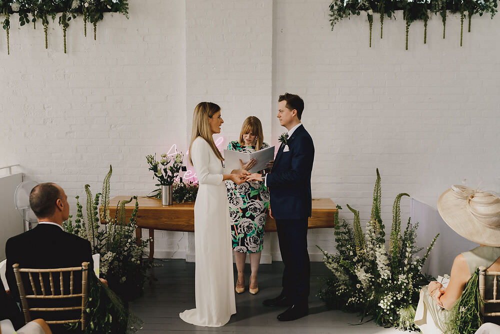 Ceremony Backdrop Greenery Foliage Neon Sign Winding House Wedding MIKI Studios