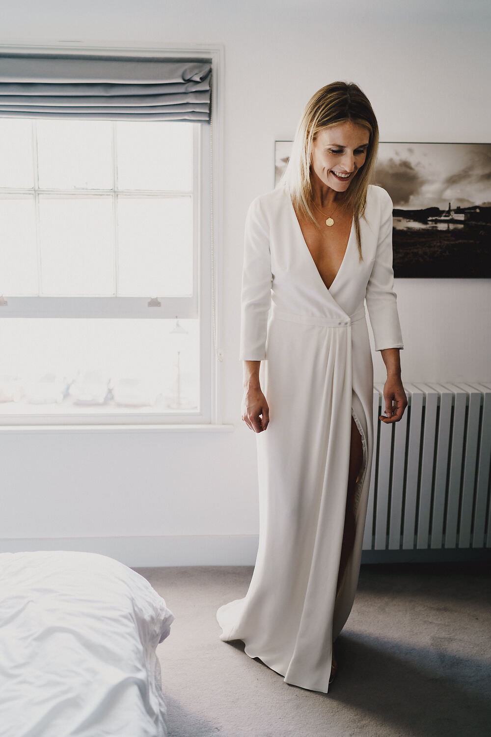Dress Gown Bride Bridal Laure de Sagazan Long Sleeves Flowing Spilt Winding House Wedding MIKI Studios
