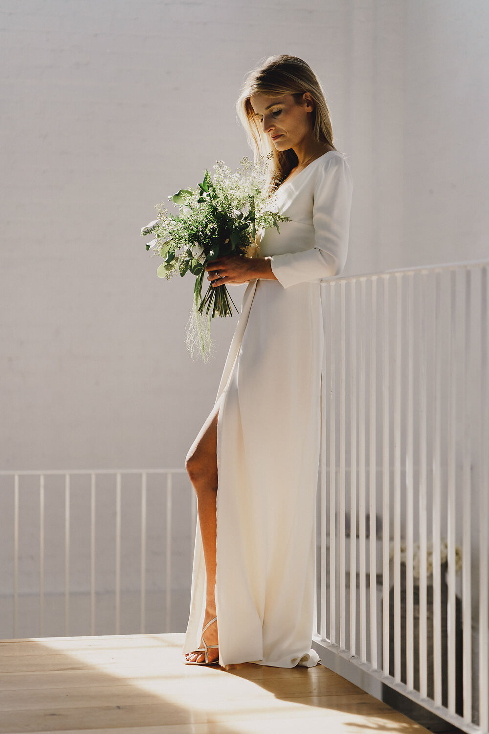 Dress Gown Bride Bridal Laure de Sagazan Long Sleeves Flowing Spilt Winding House Wedding MIKI Studios