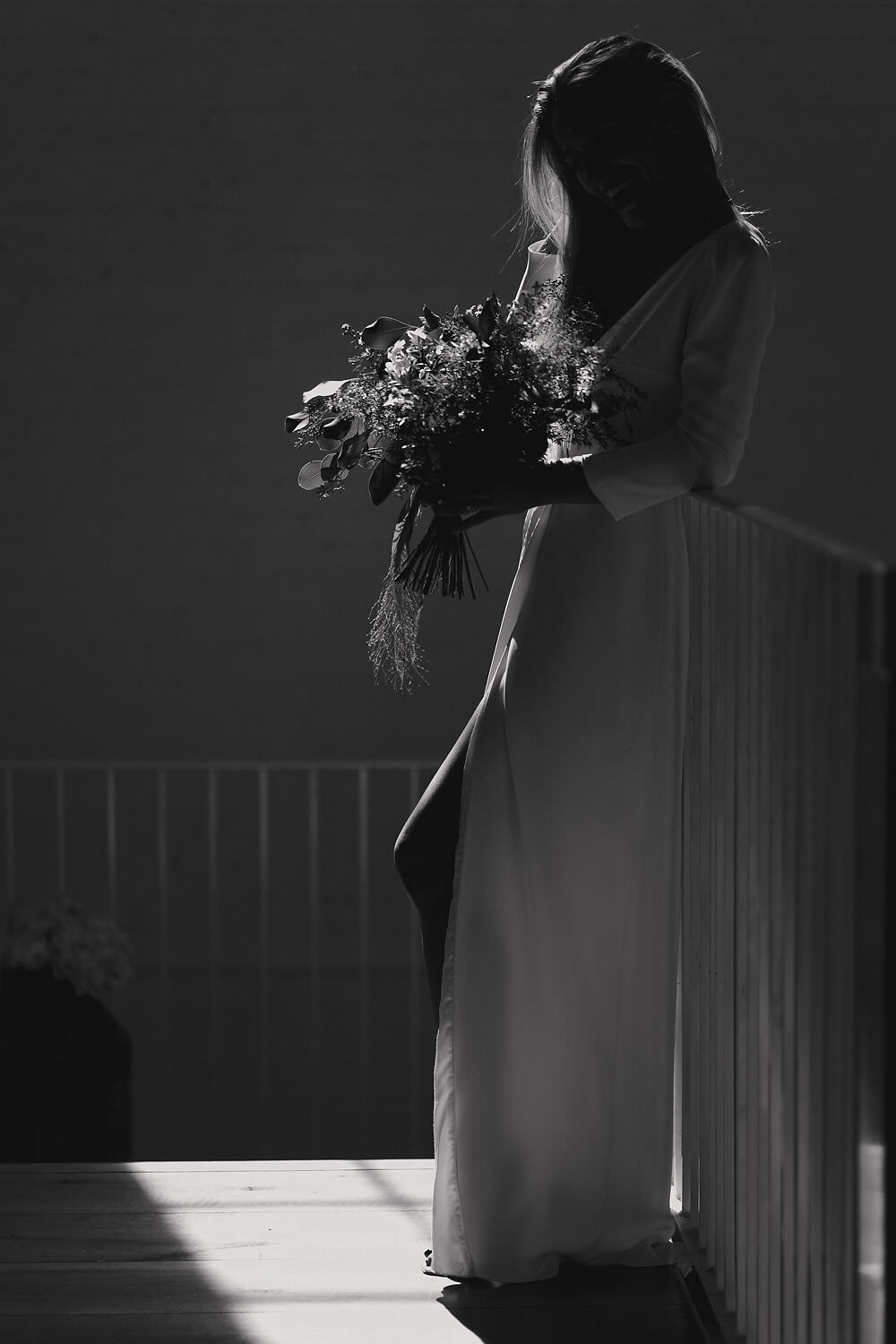 Dress Gown Bride Bridal Laure de Sagazan Long Sleeves Flowing Spilt Winding House Wedding MIKI Studios