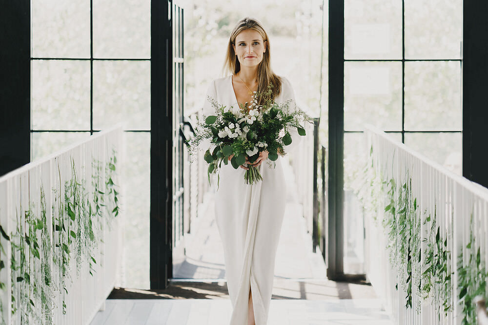 Dress Gown Bride Bridal Laure de Sagazan Long Sleeves Flowing Spilt Winding House Wedding MIKI Studios