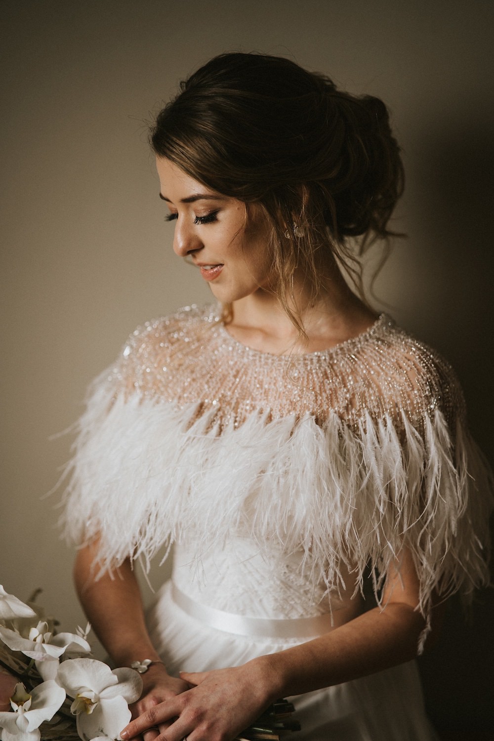 Dress Gown Bride Bridal Strapless Feather Cape Bolero Ballet Wedding Ideas Henry Lowther Photographer
