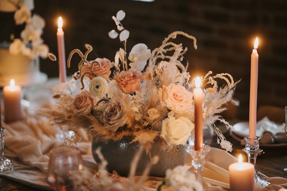 Centrepiece Flowers Decor Decoration Table Candles Pink Rose Ballet Wedding Ideas Henry Lowther Photographer