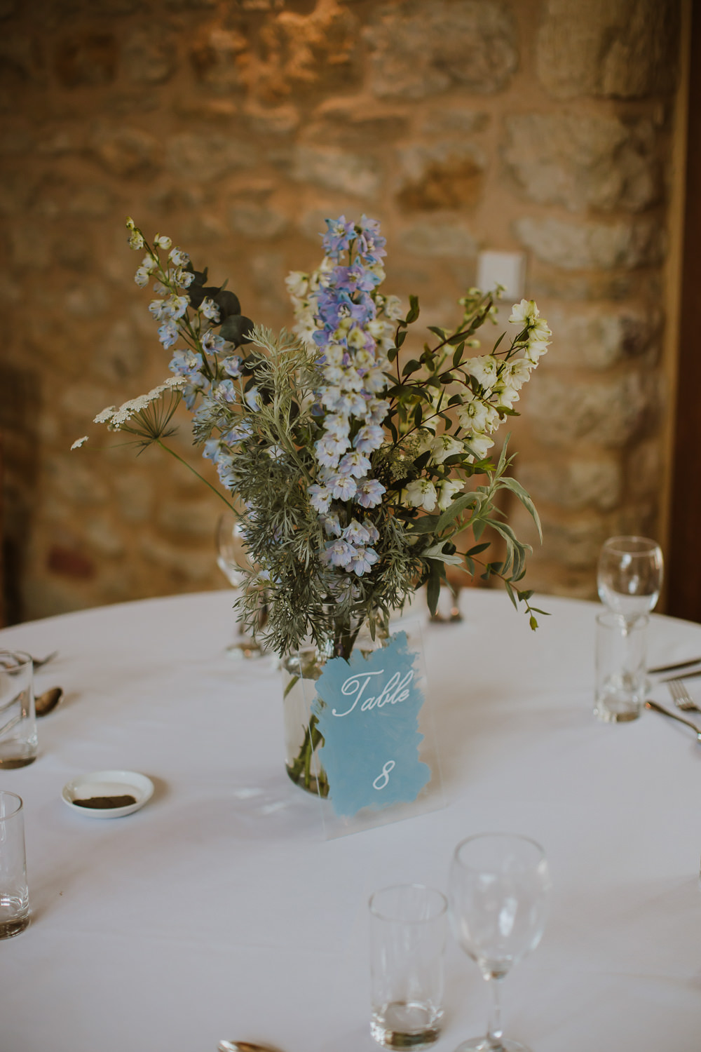 Table Flowers Centrepiece Tall Blue Crafty Wedding Sam Bennett Photography