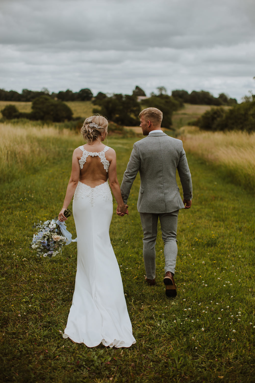 Bouquet Flowers Greenery Foliage Blue Bride Bridal Dress Gown Lace Open Back Train Crafty Wedding Sam Bennett Photography