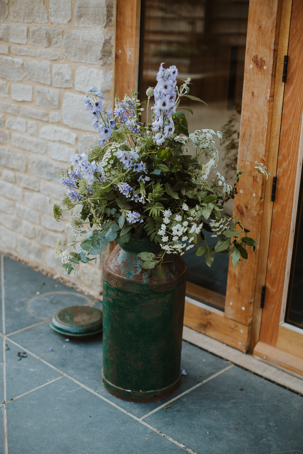 Milk Churn Flowers Blue Crafty Wedding Sam Bennett Photography