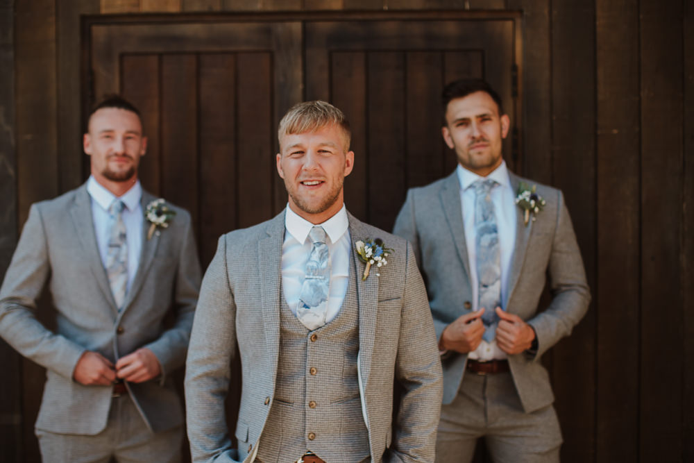 Groom Groomsmen Suit Grey Check Blue Tie Crafty Wedding Sam Bennett Photography