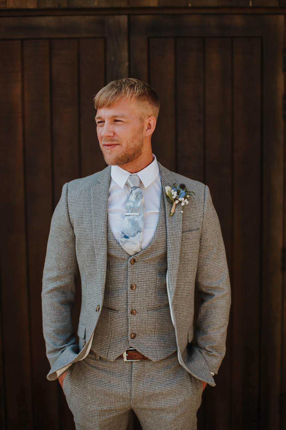 Groom Groomsmen Suit Grey Check Blue Tie Crafty Wedding Sam Bennett Photography