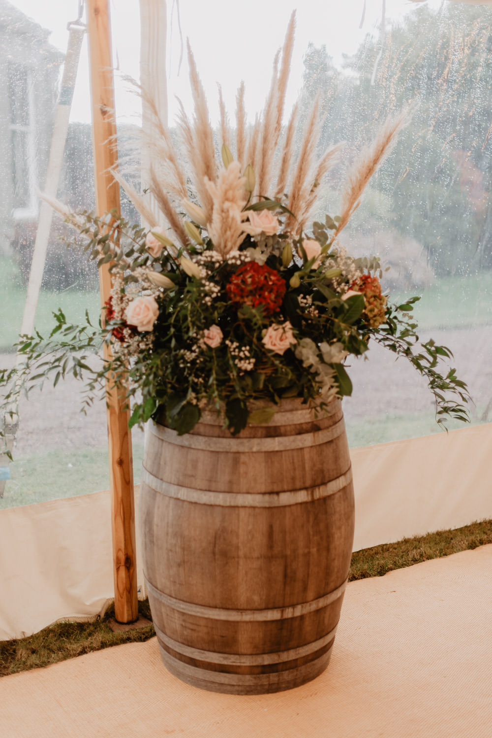 Flower Arrangement Pampas Grass Barrel Family Farm Wedding Janine Kirkwood Photography