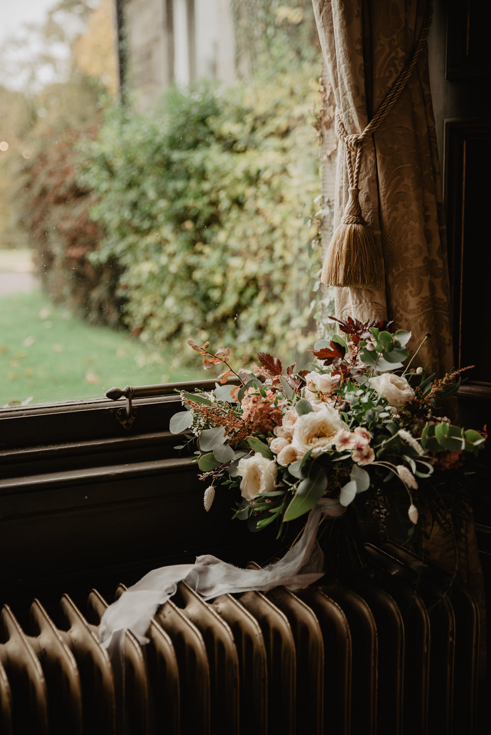 Bouquet Flowers Bride Bridal Ribbon Rose Foliage Greenery Family Farm Wedding Janine Kirkwood Photography