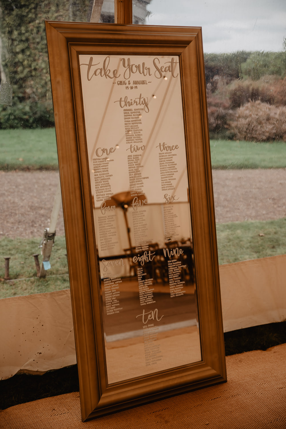 Table Plan Seating Chart Mirror Family Farm Wedding Janine Kirkwood Photography