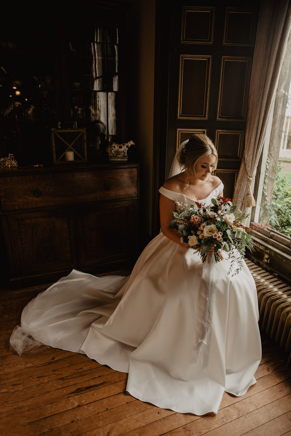 Dress Gown Bride Bridal Nicola Anne Bridal Pockets Train Veil Farm Wedding Janine Kirkwood Photography