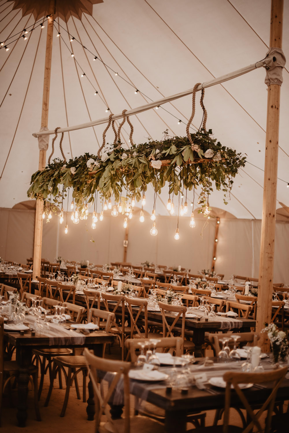 Pole Tent Marquee Hanging Suspended Greenery Edison Lights Festoon Lighting Family Farm Wedding Janine Kirkwood Photography